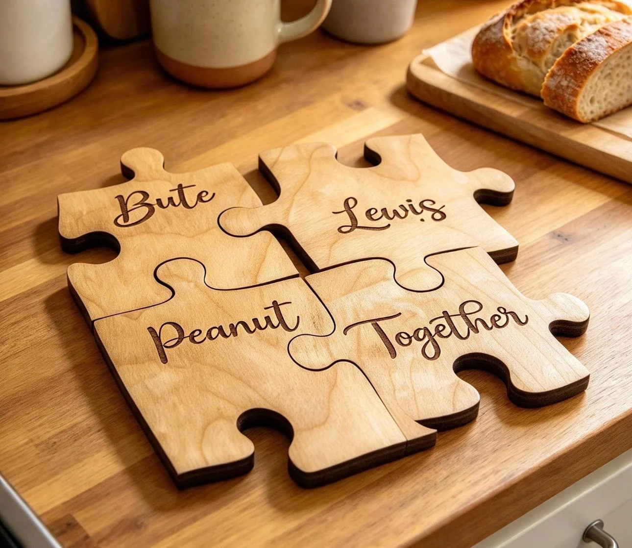 Wooden jigsaw coasters engraved with names and arranged together